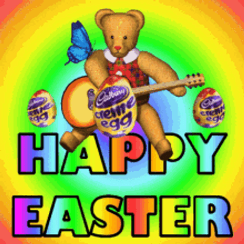 Animated Happy Easter Teddy Bear Playing Guitar GIF