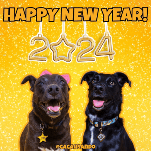 Animated Happy New Year Design With Two Dogs GIF