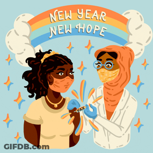Animated Happy New Year With Two Girls Wearing Mask GIF