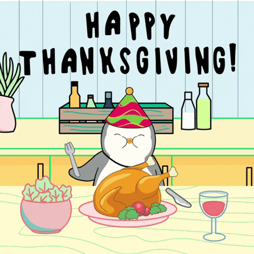 Animated Happy Thanksgiving Pudgy Penguin Eating GIF