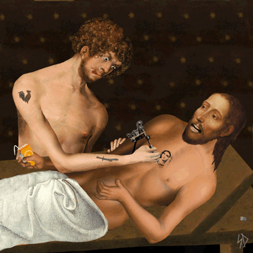 Animated Jesus Getting Tattoos GIF