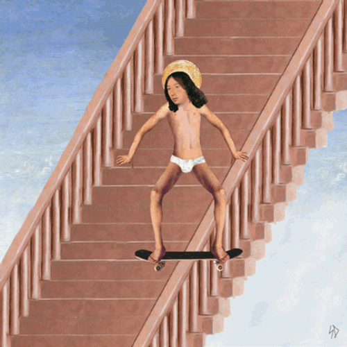 Animated Jesus Skateboarding Stairs Heaven Fall GIF