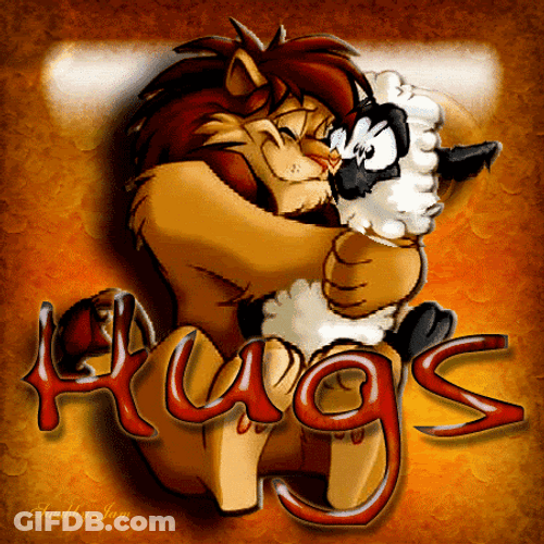 Animated Lion Hugging Sheep Sending You A Hug GIF