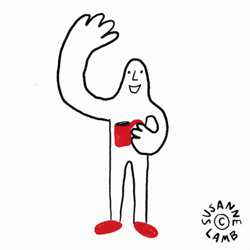 Animated Man Holding Coffee Waving Hello Meme GIF