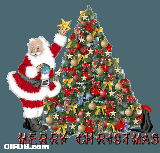 Animated Merry Christmas Santa Putting Up Star GIF
