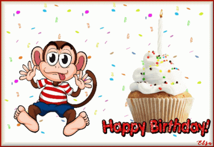 Animated Monkey Happy Birthday Cupcake Confetti GIF