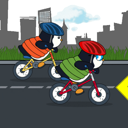 Animated Penguin Riding Bike On Highway GIF