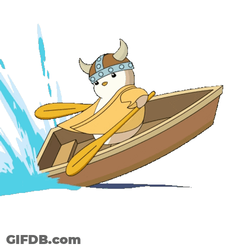 Animated Penguin Row The Boat Wearing Viking Helmet GIF