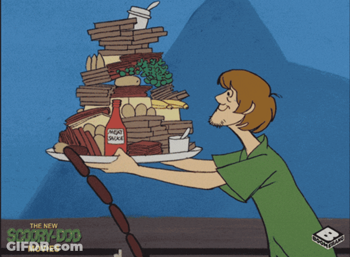Animated Shaggy Carrying A Huge Amount Of Food In A Plate GIF