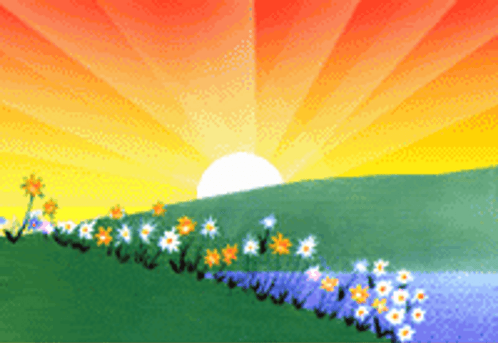 Animated Sunny Day Mountain Rainbow Flowers GIF