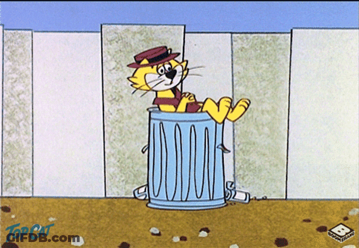 Animated Top Cat Sitting In Garbage Bin GIF