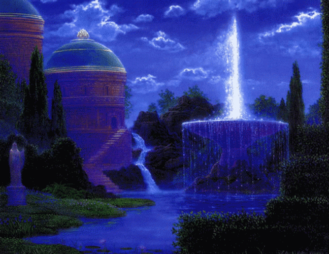 Animated Water Fountain And Lake GIF