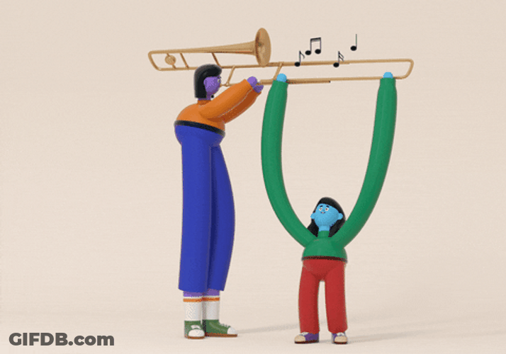Animated Woman And Kid Playing Trombone Collaboration GIF