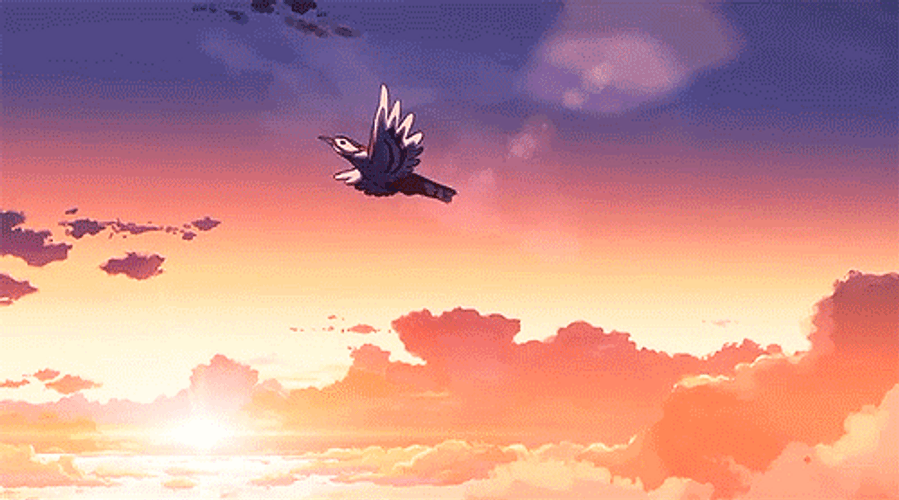 Anime Bird Flying Over City Above Sky GIF