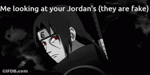 Anime Character With Red Eyes Looking At Fake Jordans GIF