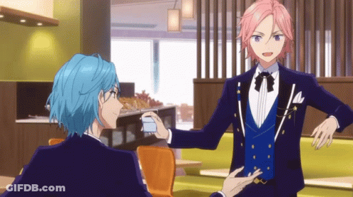 Anime Characters Blue Hair And Pink Hair Talking GIF