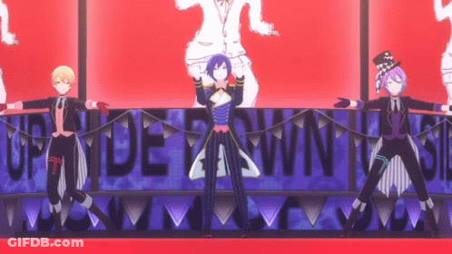 Anime Characters Dancing By Upside Down Sign GIF