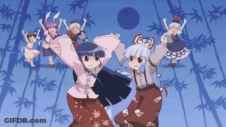 Anime Characters Dancing In Front Of Blue Background With Bamboo GIF