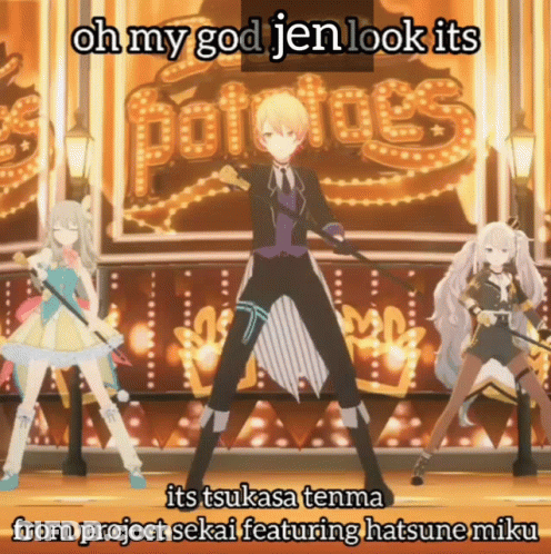 Anime Characters Dancing In Front Of Potatoes Sign GIF