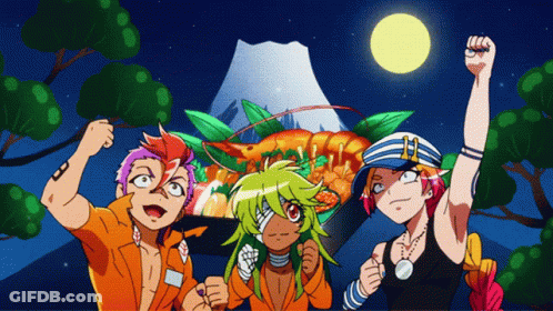 Anime Characters Dancing In Front Of Potatoes Sign GIF