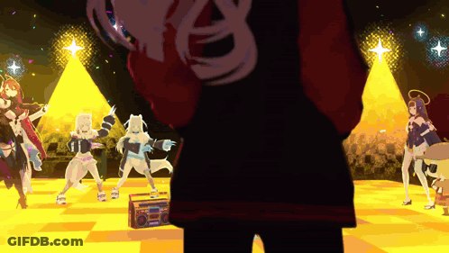 Anime Characters Dancing On Stage With Boombox GIF