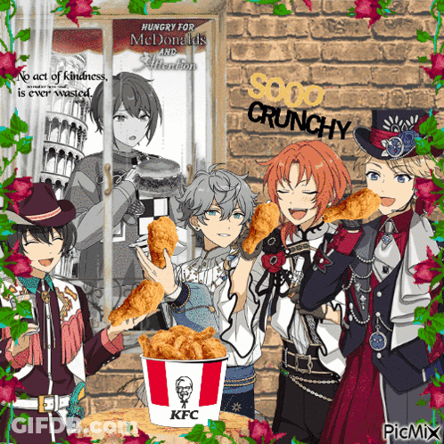 Anime Characters Eating Fried Chicken In Front Of KFC Bucket GIF