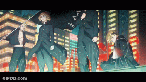 Anime Characters In Front Of Building With Revengers GIF