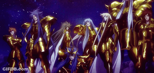 Anime Characters In Gold Armor Standing In A Row GIF