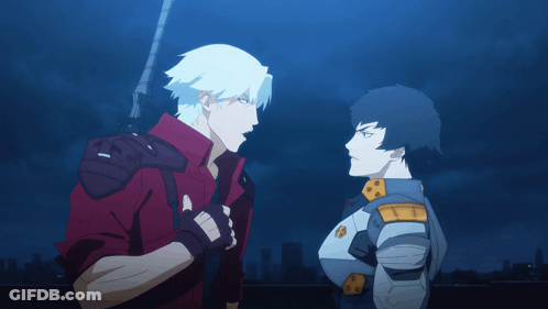 Anime Characters In Red And Blue Jackets GIF