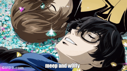 Anime Characters Laying Next To Each Other With Meep And Wolfy GIF