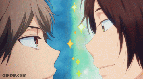 Anime Characters Looking At Each Other With Sparkles GIF