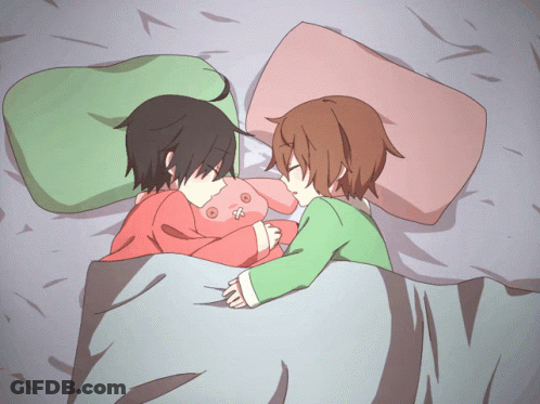 Anime Characters Lying On Bed With Stuffed Animal GIF