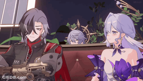 Anime Characters Sitting With Purple Flower GIF