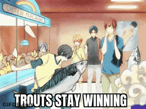Anime Characters Standing Around Claw Machine With Large Fish GIF