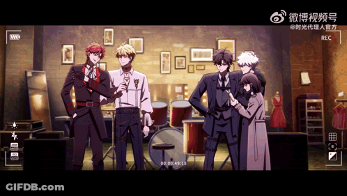 Anime Characters Standing In Front Of Drum Set With Recorder GIF