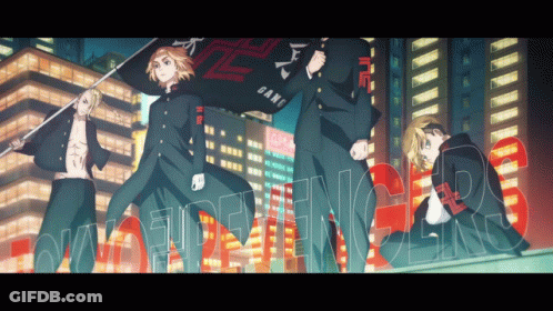 Anime Characters Standing In Front Of Gang Building GIF