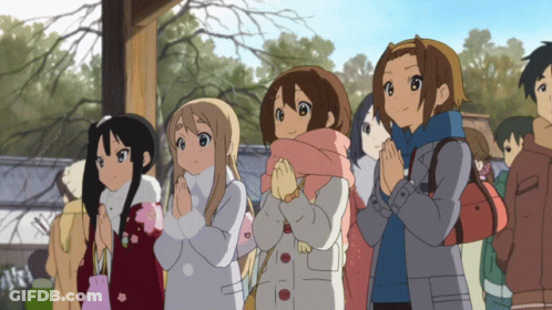 Anime Characters Standing In Line With Hands Folded GIF