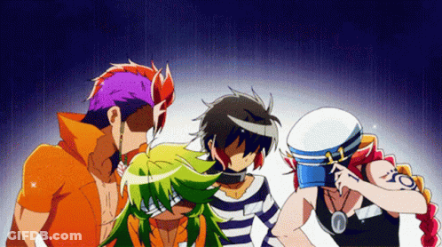 Anime Characters Standing Together With Blue Hat Letter O GIF
