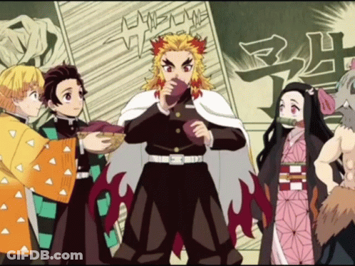 Anime Characters Standing Together With Food GIF