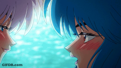 Anime Characters With Blue Hair Looking At Each Other GIF