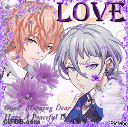 Anime Characters With Purple Flowers And Love GIF
