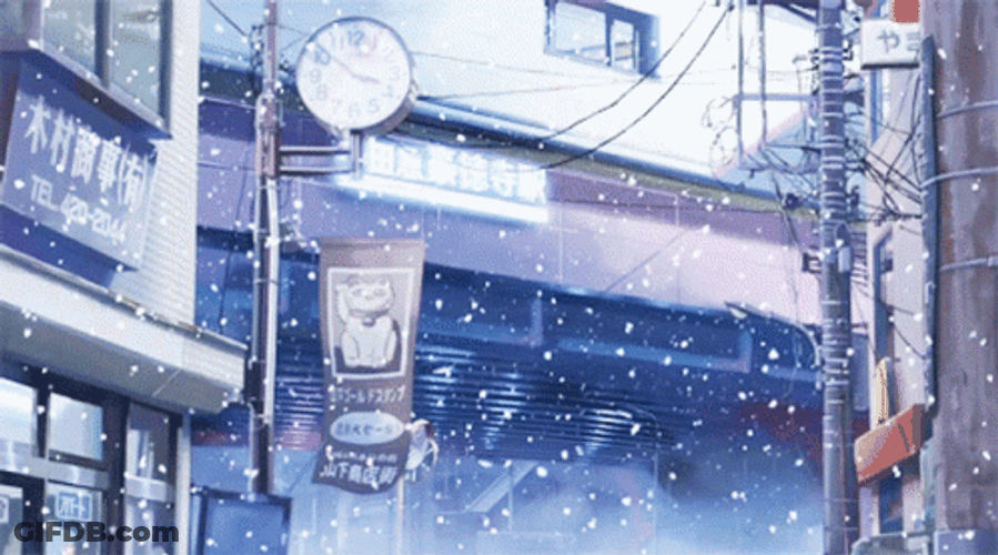 Anime Clock On Street Winter Snow Fall GIF