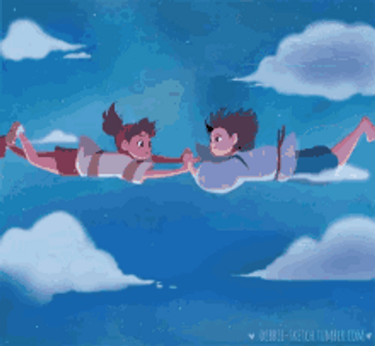 Anime Couple Holding Hands While Falling From Sky GIF