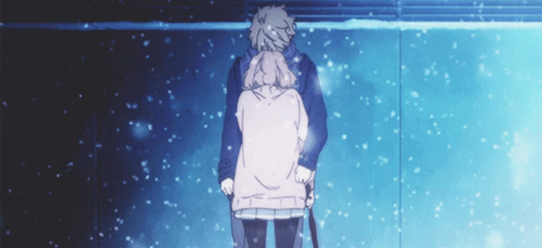 Anime Couple Hug In The Middle Of Snow GIF