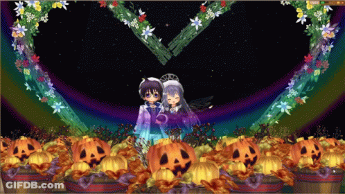 Anime Couple In Front Of Pumpkin Heart GIF