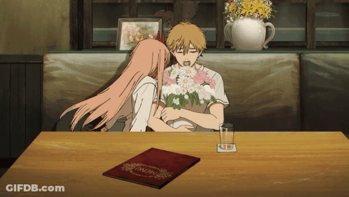 Anime Couple Sitting At Table With Menu GIF