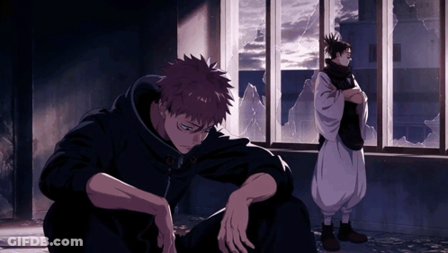 Anime Couple Sitting By Broken Window GIF