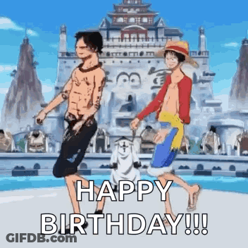 Anime Couple Walking In Front Of Castle Saying Happy Birthday GIF