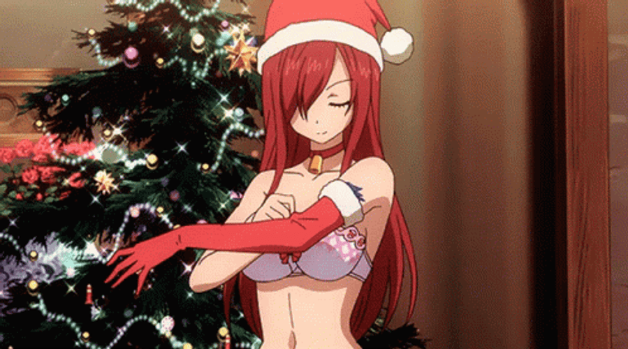 Anime Fairy Tail Erza Scarlet Changing Christmas Costume GIF