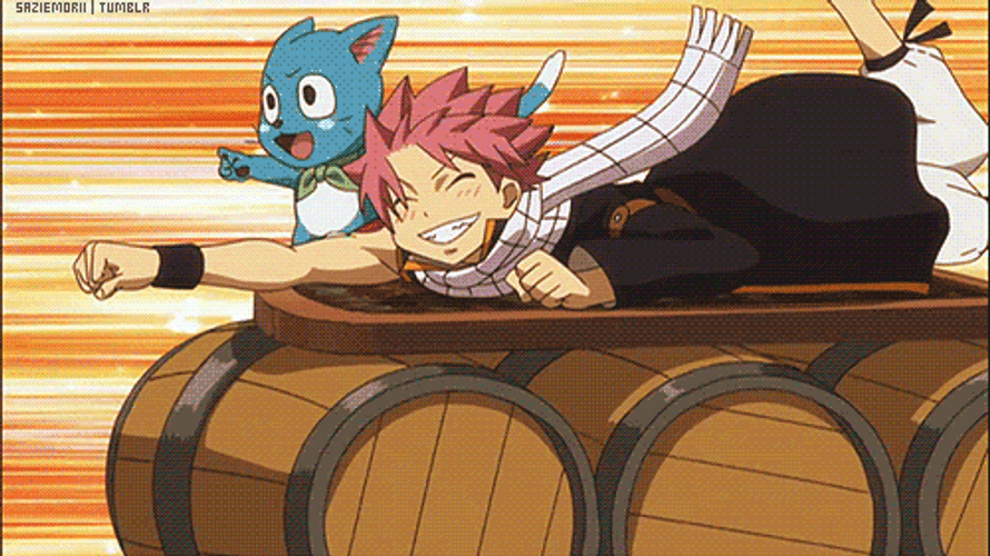Anime Fairy Tail Natsu And Happy Riding Drum GIF
